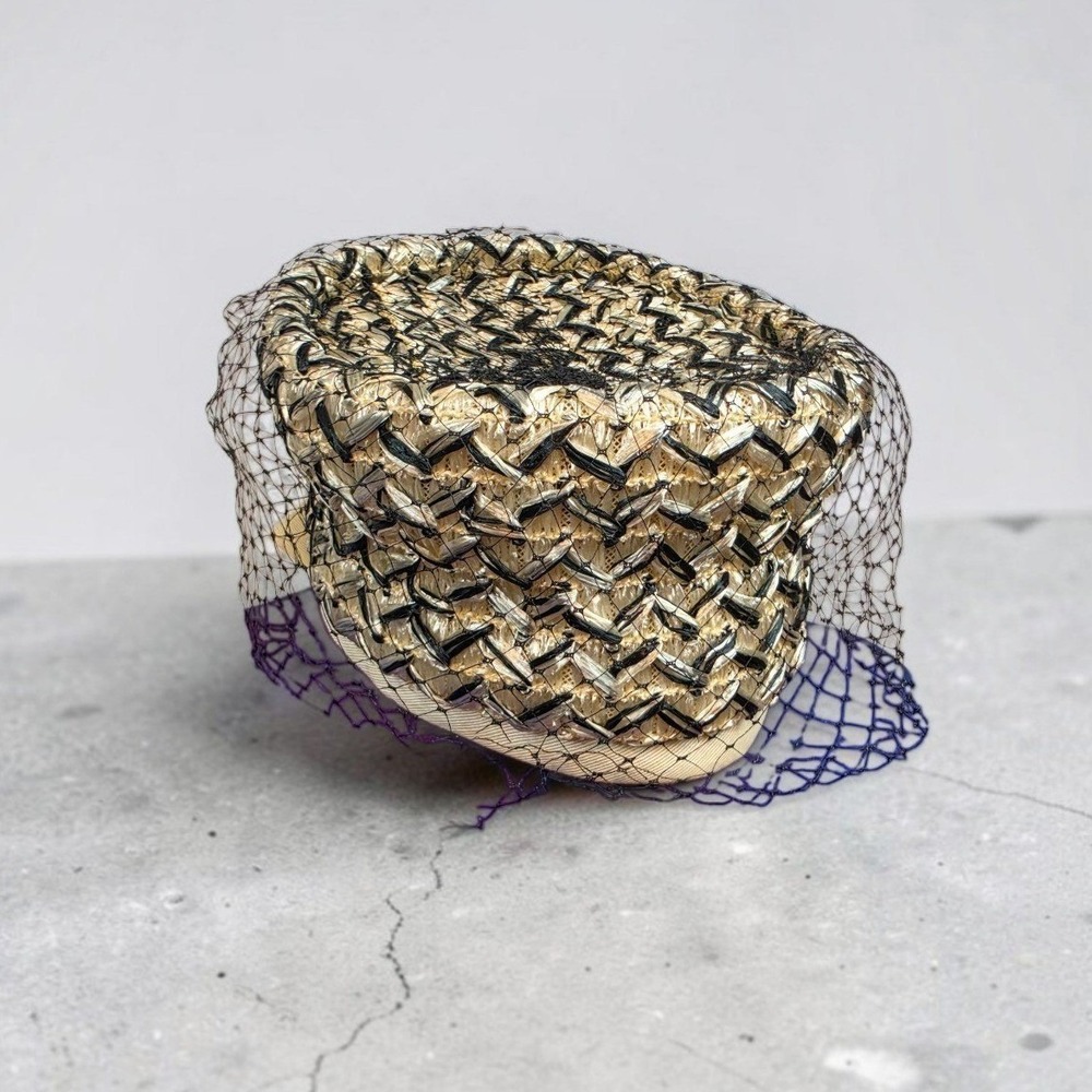 Vintage Pillbox Hat Gold Black Woven Straw Birdcage Veil Union Made USA Bow
